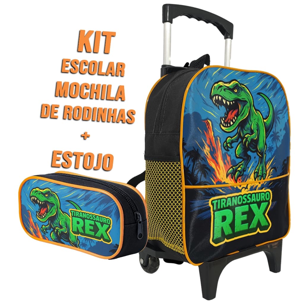 Mochila Bolsa Escolar de Rodinha Dinossauro Tiranossauro Rex Estojo 1 Zíper Simples Infantil