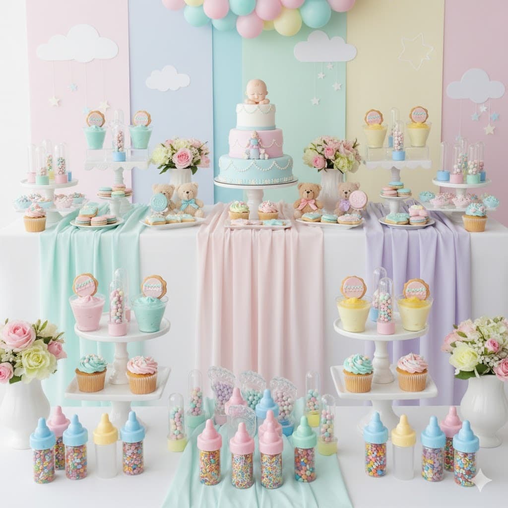 Kit Chá de Bebê 30 Unidades – 10 Tubetes 8cm + 10 Mamadeiras + 10 Tubete Pézinho