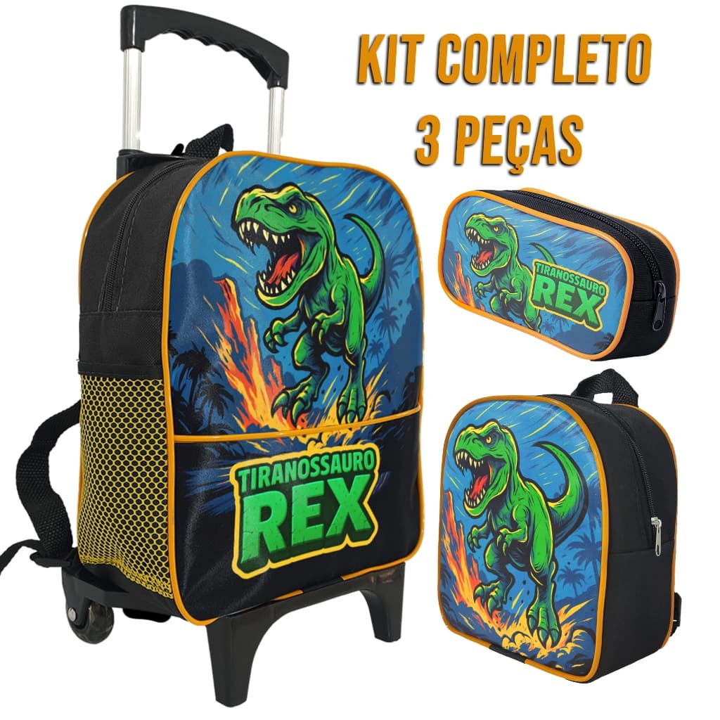 Kit Escolar Menino Dinossauro Tiranossauro Rex Mochila de Rodinha, Estojo Simples 1 Ziper e Lancheira Térmica