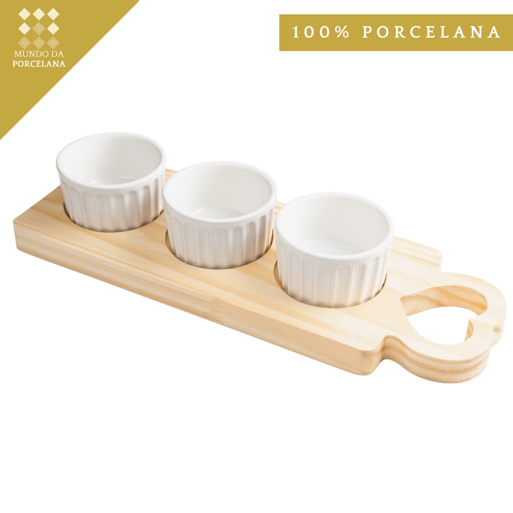Kit 3 Ramequim Molhos Tempero Branca Porcelana Tabua Madeira Lar Decoração