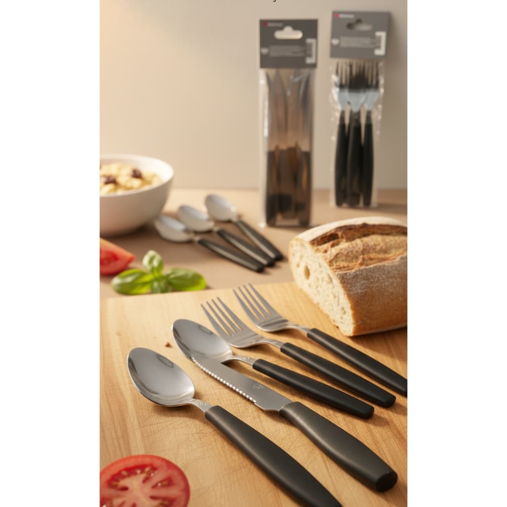 Kit 6 Talheres Inox Linha Mato Grosso Preto – Colher, Garfo Ou Faca De Mesa Durável Cabo Ergonômico
