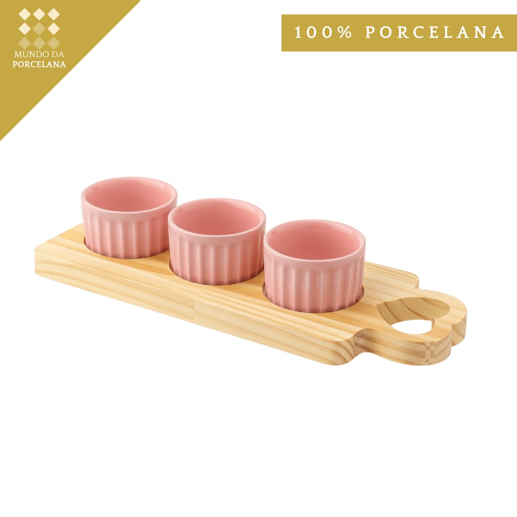 Kit Ramequim Molhos Tempero Rosa Porcelana Tabua Madeira Lar Decoração Petisco Entradas Bar Bistro