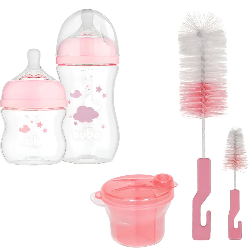 KIT ESCOVA P/ MAMADEIRA , POTE P/ LEITE EM PÓ E 2 MAMADEIRAS NUVEM ROSA - BUBA