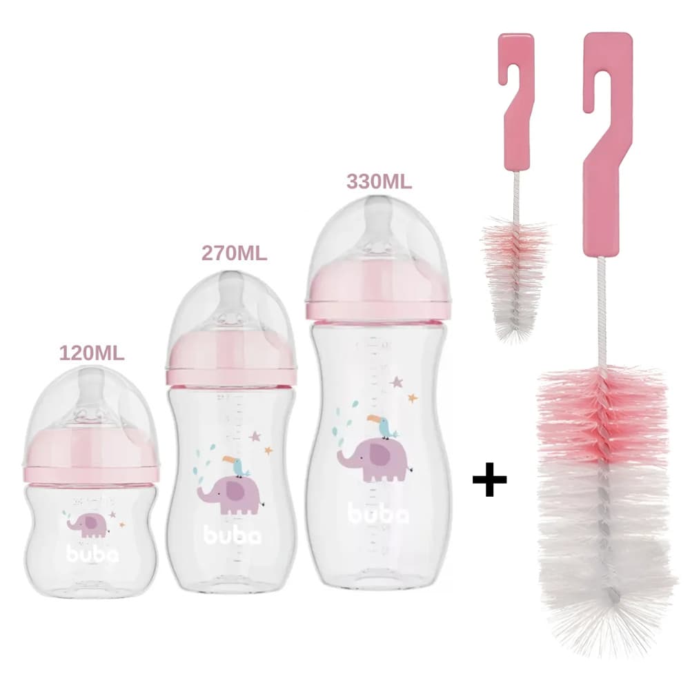 KIT ESCOVA P/ MAMADEIRA + 3 MAMADEIRAS ELEFANTE ROSA - BUBA