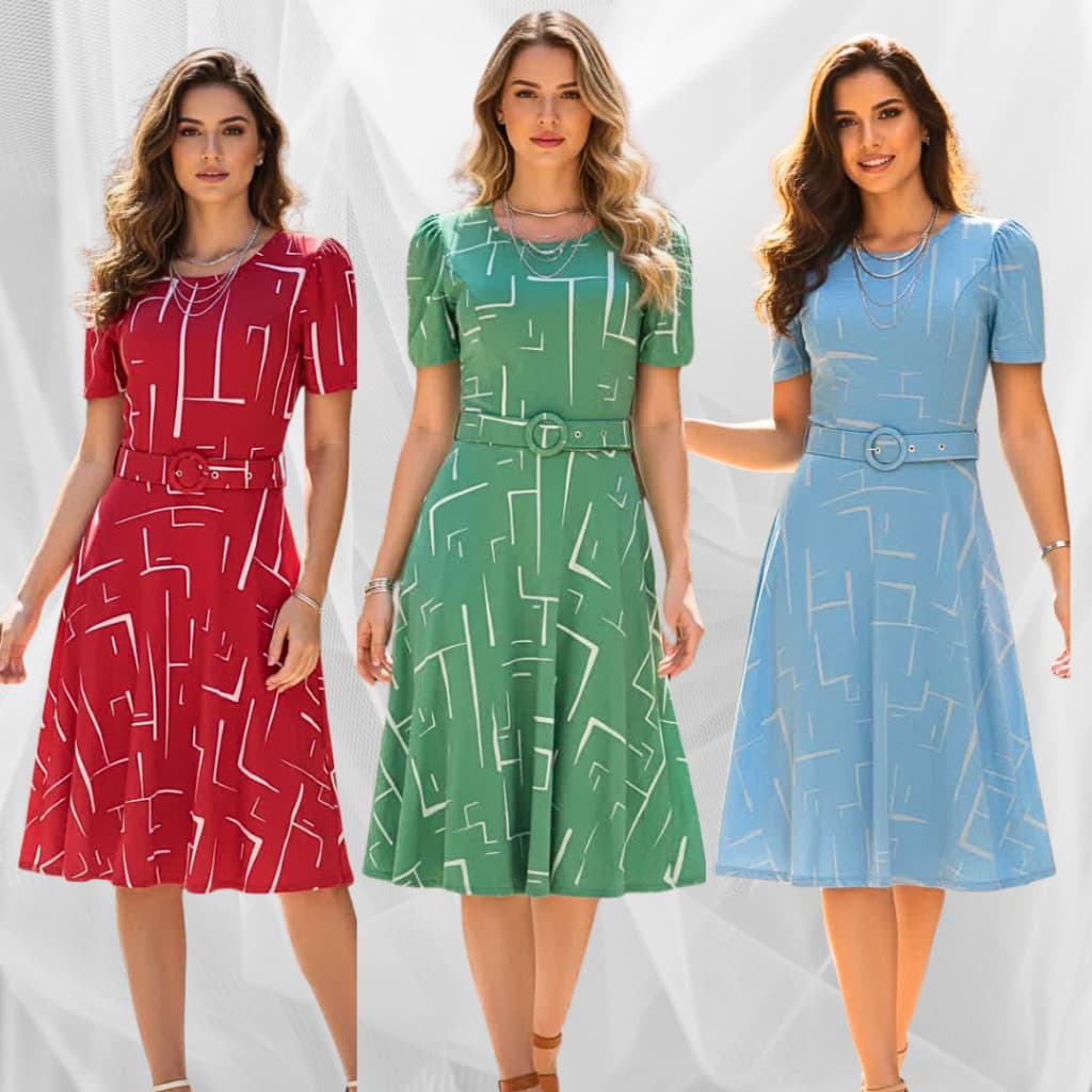 Vestido Feminino Midi Gode Elegante Confortável Rodado Casual Moda Evangelica Cinto Removivel