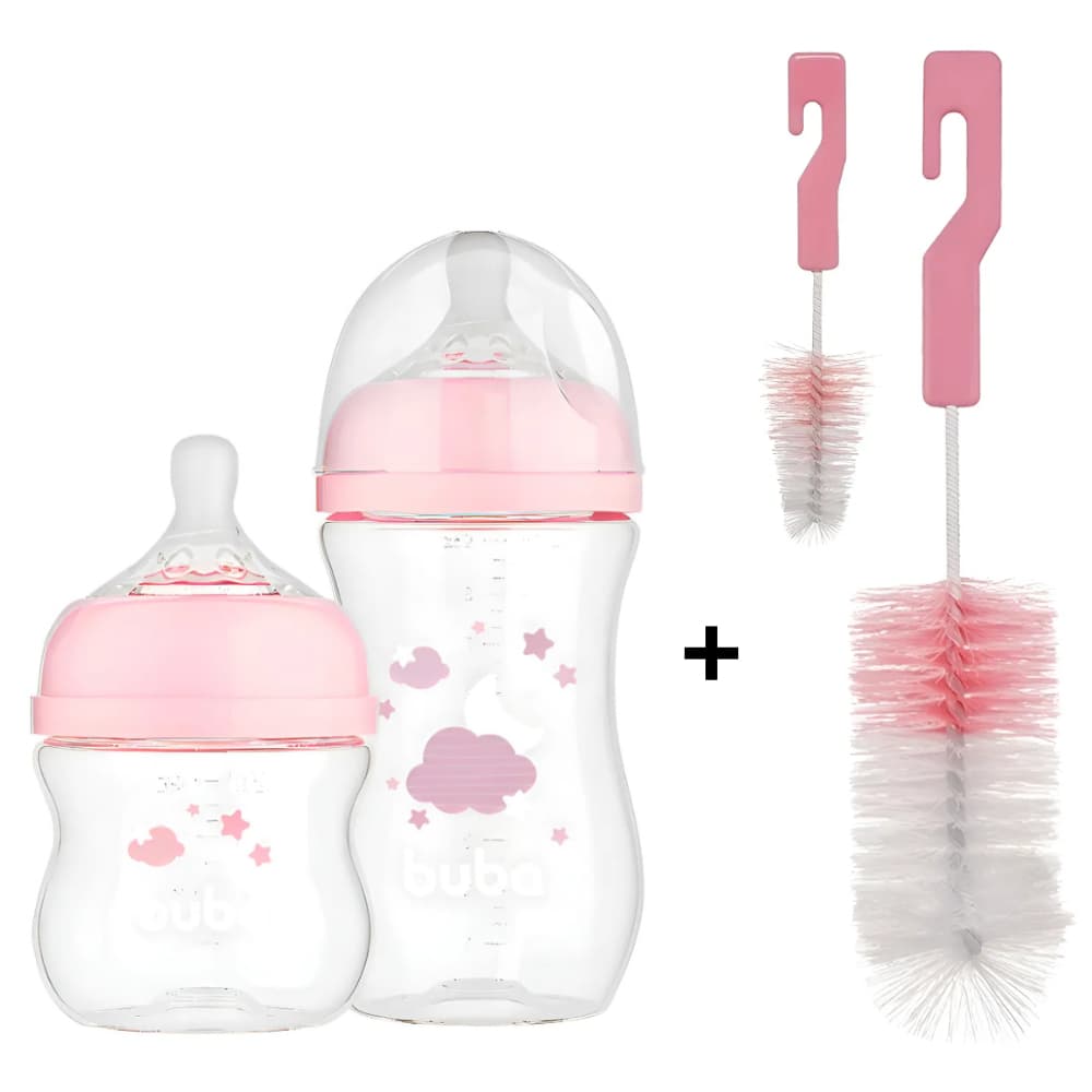 KIT ESCOVA P/ MAMADEIRA + 2 MAMADEIRAS NUVEM ROSA - BUBA