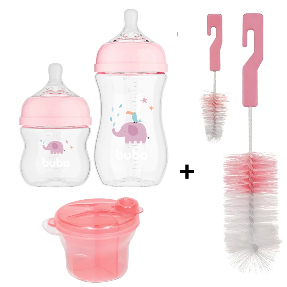 KIT ESCOVA P/ MAMADEIRA , POTE P/ LEITE EM PÓ E 2 MAMADEIRAS ELEFANTE ROSA - BUBA