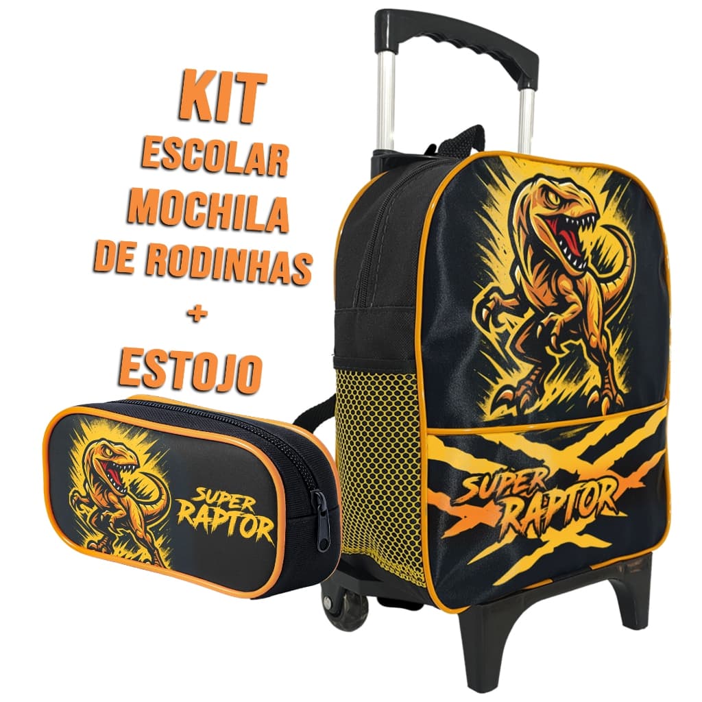 Mochila Escolar de Rodinha Menino Infantil Estojo 1 Zíper Simples Aventura Dinossauro Super Raptor