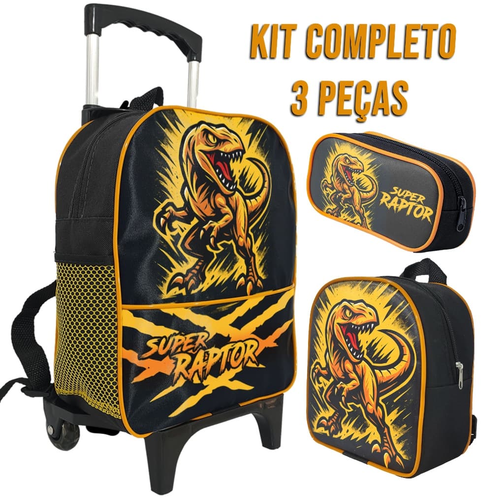 Kit Escolar Infantil Mochila Dinossauro Super Raptor de Rodinha, Estojo Simples 1 e Lancheira Térmica