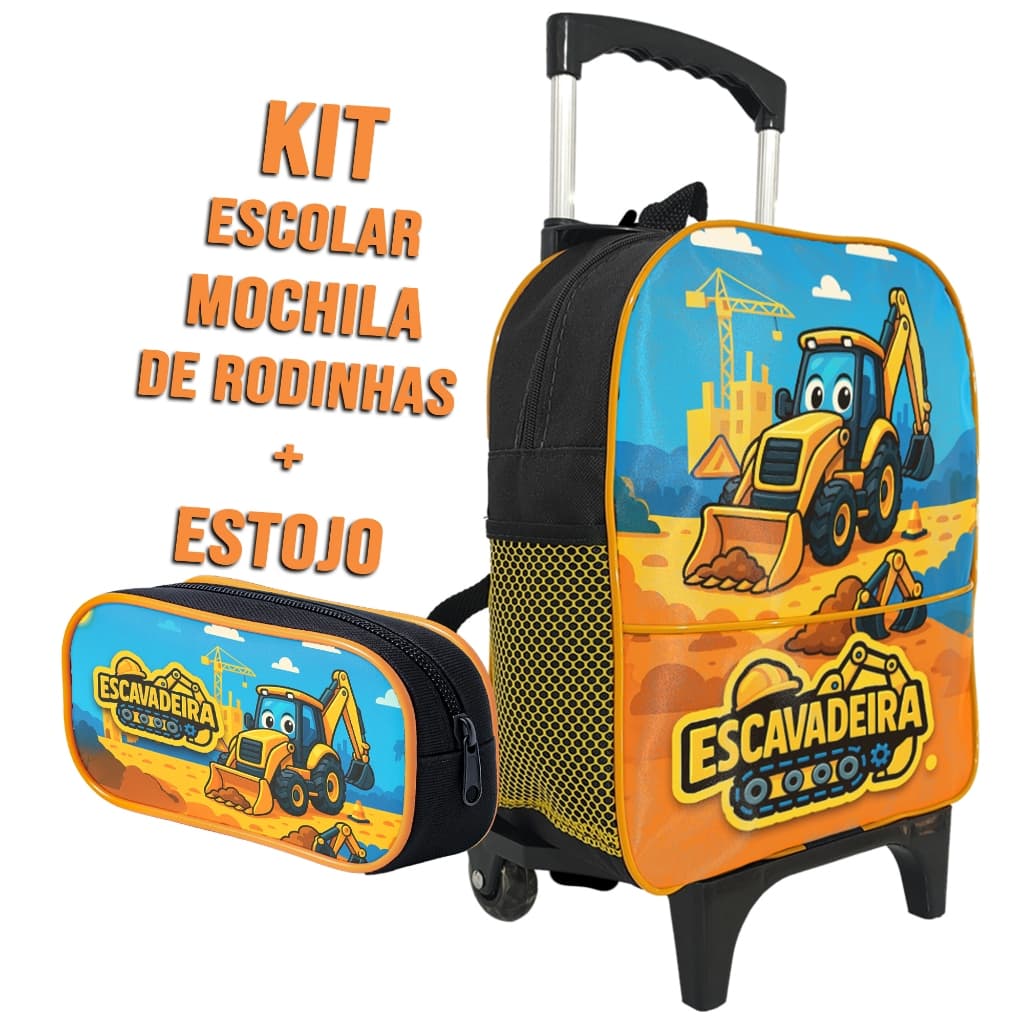 Mochila Escolar de Rodinha Infantil Menino Obra Construção Escavadeira  Estojo 1 Zíper Simples