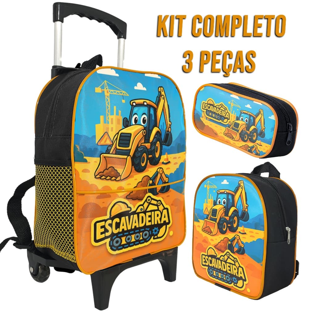 Kit Escolar Menino Obra Escavadeira Infantil Mochila de Rodinha e Estojo Simples e Lancheira Térmica