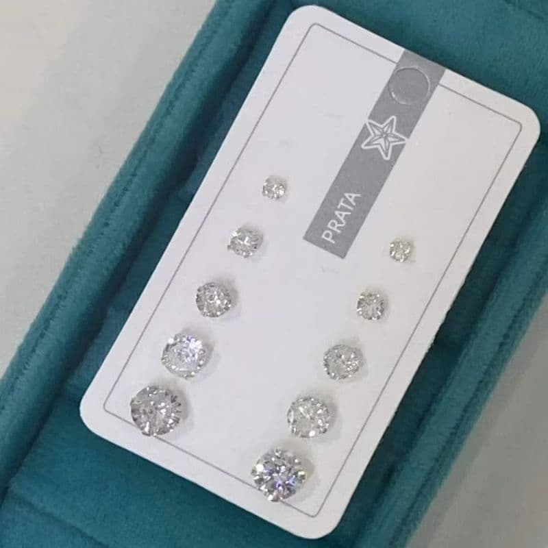kit 5 pares de brincos em prata 925  quíntuplo zirconia redondo.