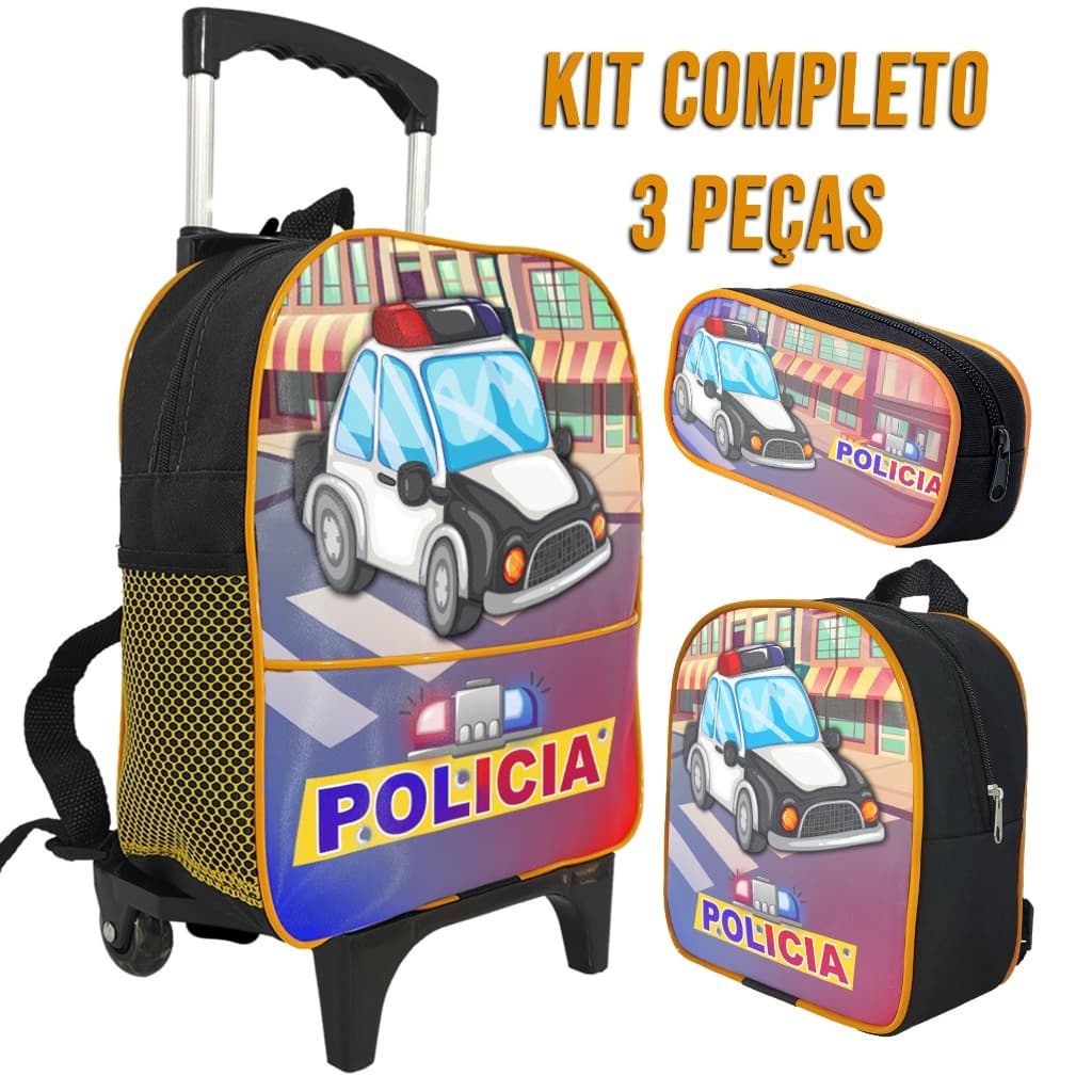 Kit Escolar Infantil Mochila de Rodinha Ação Carro Policia, Estojo Simples 1 Ziper  Lancheira Térmica