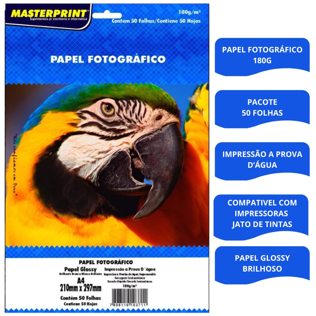 Papel Fotográfico Glossy Brilhante Resistente Água Para Impressão Fotos 180g A4 MASTERPRINT