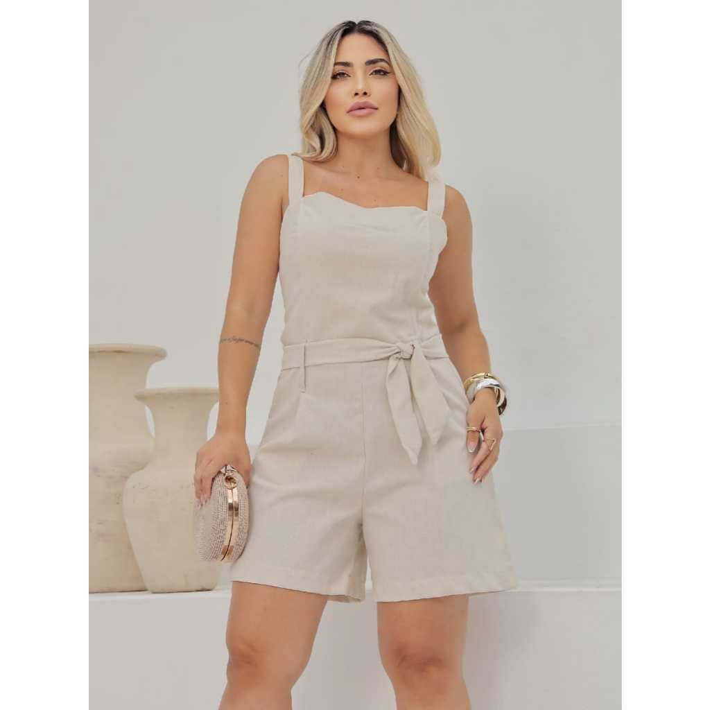 Macaquinho Macacão Feminino Mirela Linho com cinto e bolsos elástico nas costas