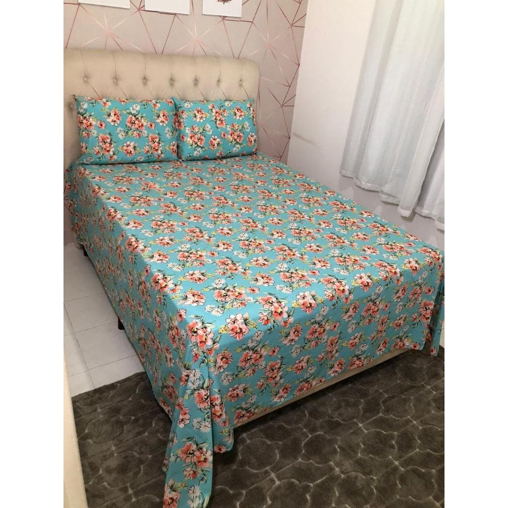 Jogo de Cama Box Casal Estampando Lençol Box 90g Toque de Algodão 3 Peças  2,20 x 2,50 Estampa floral e geometrica