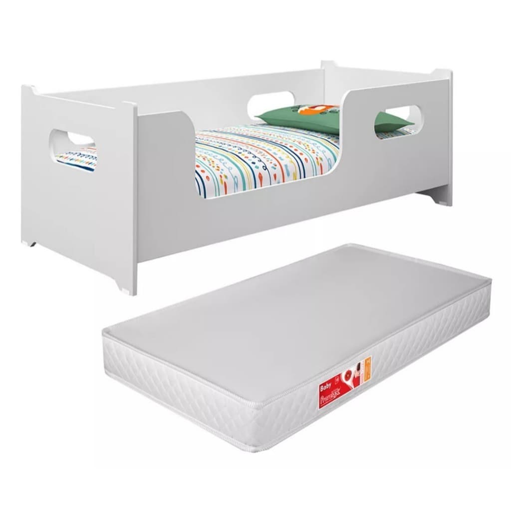 Cama Encanto Com Colchão Montessoriana Com Grade Branco  Em Mdf Moderna