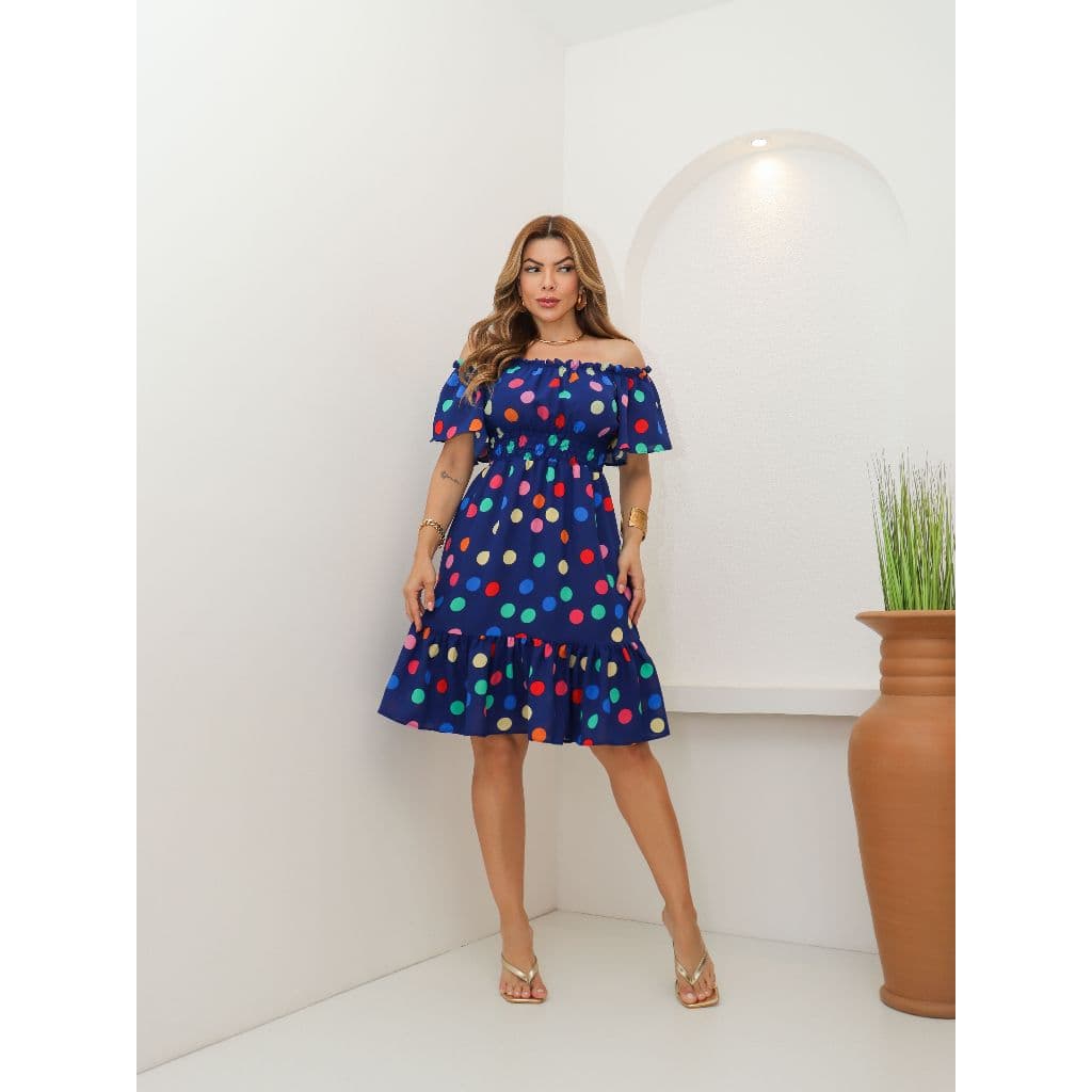 AMY FASHION Vestido curto colorido de bolinhas  colorido com ombros à mostra decido DUNA  moda feminina