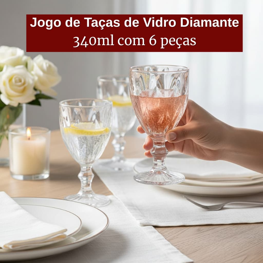 Jogo 6 Taças Vidro Diamante Elegância Sofisticação Brilho 340ml