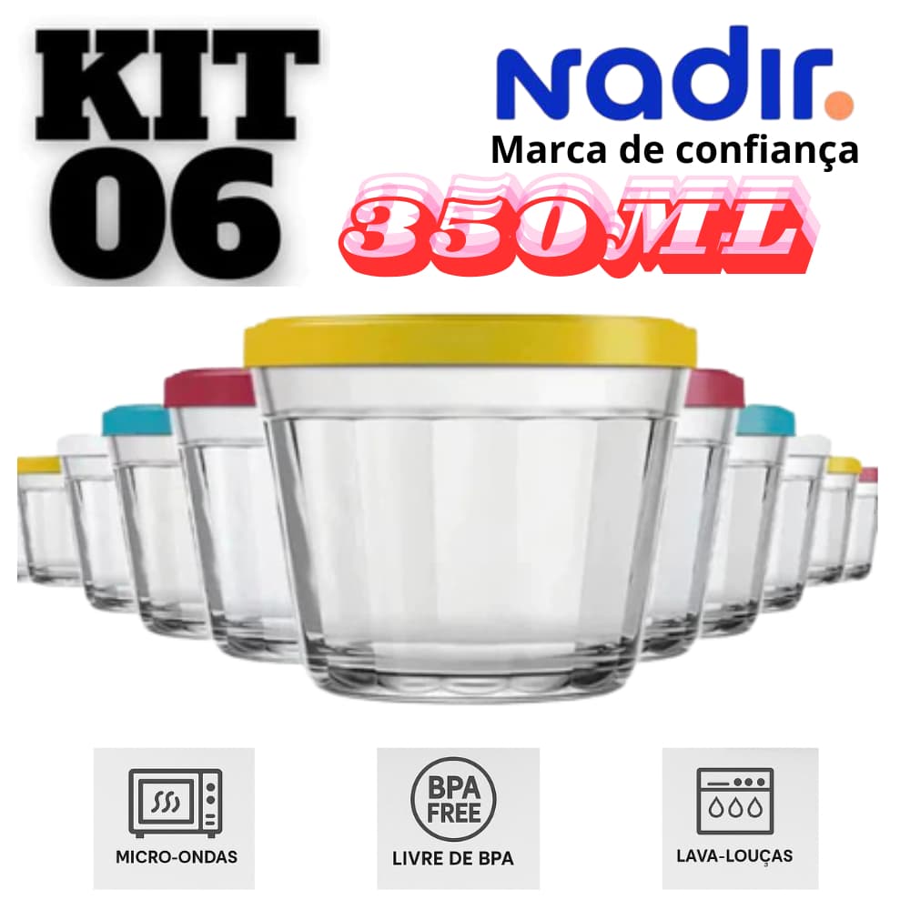 Kit 6 Tigelas Copo de Vidro Nadir 350 ml com Tampa BPA Free Vidro Temperado,, Micro-ondas/Freezer