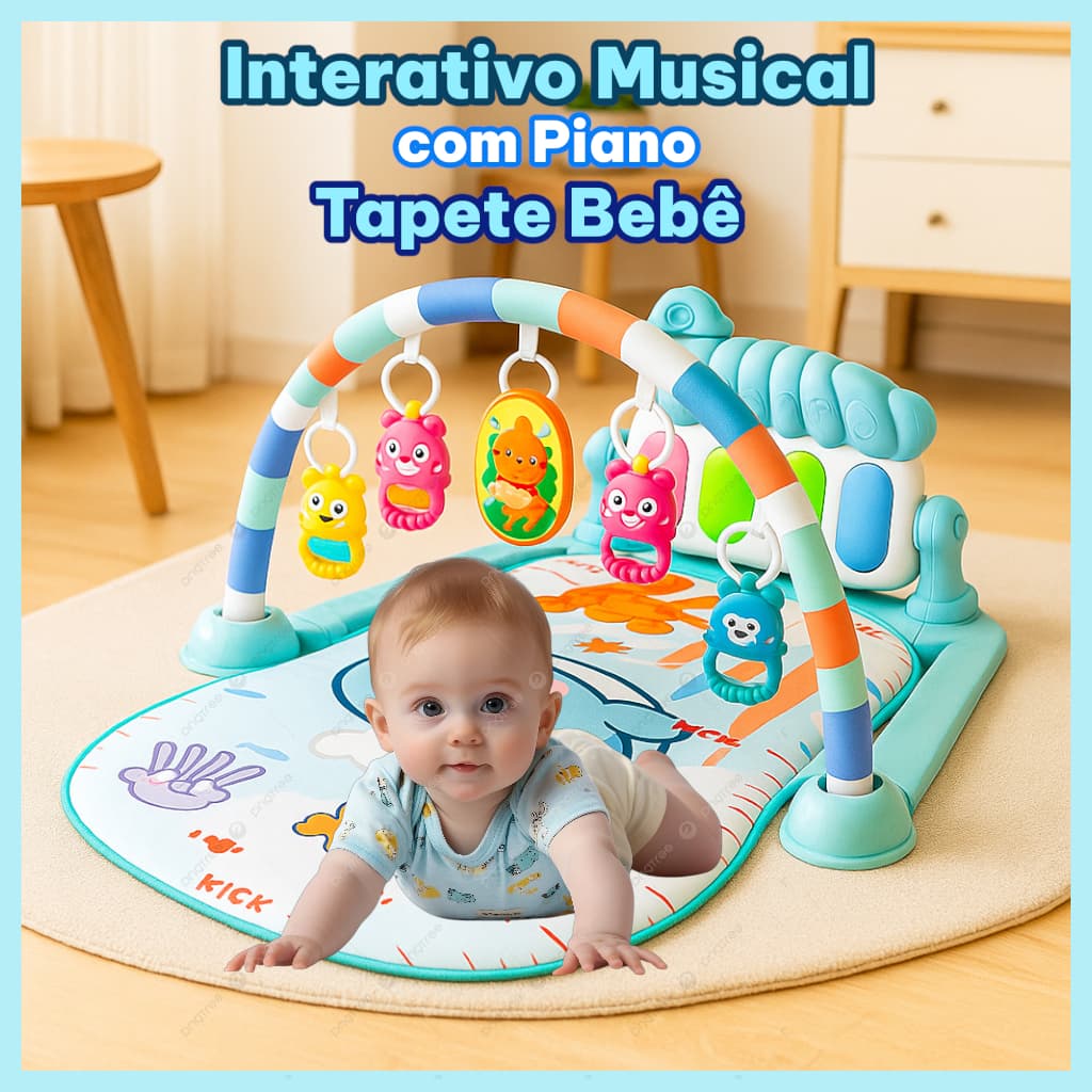 Tapete Bebê de Atividades Musical com Piano Interativo, Azul, Colorido, Estímulo Sensorial