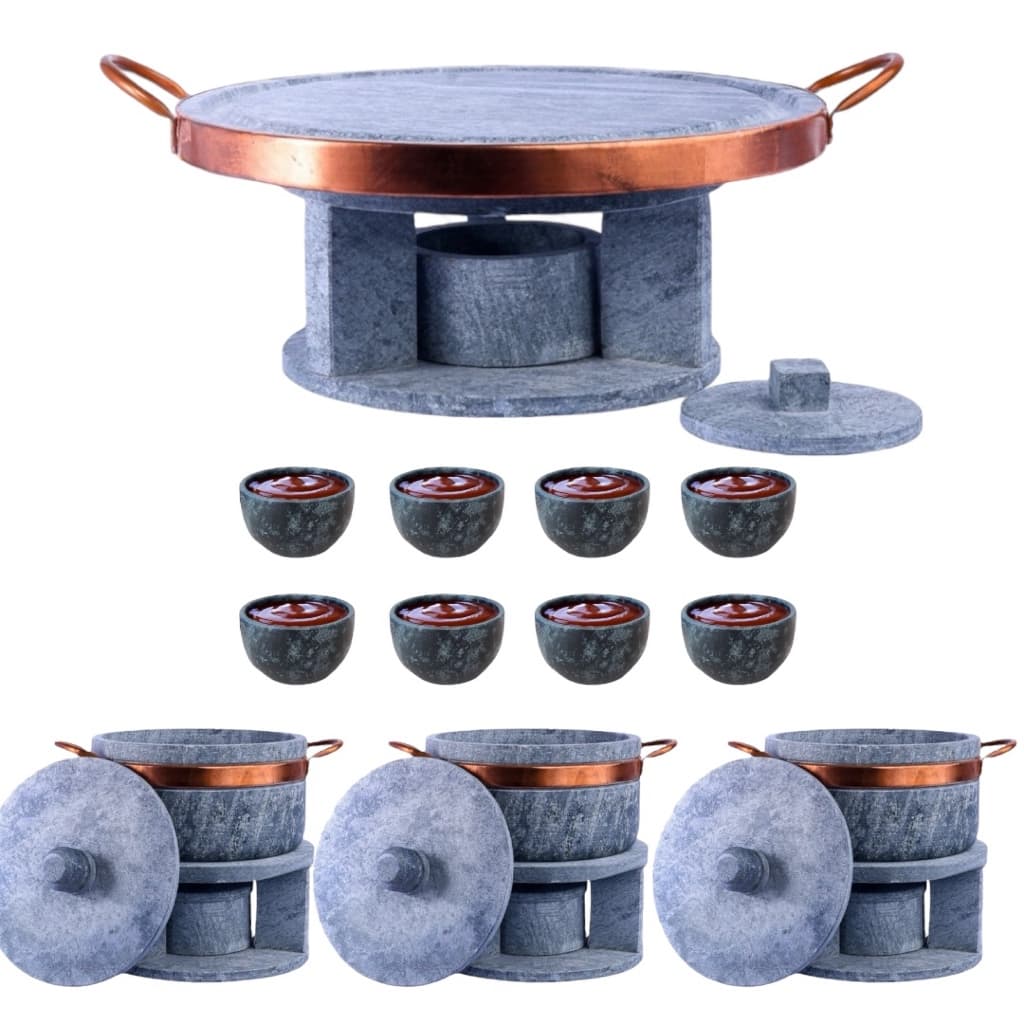 Kit Fondue 23 Cm+ 3 Fondue De Pedra Sabão 500 Ml+ 8 Ramekin Molheira