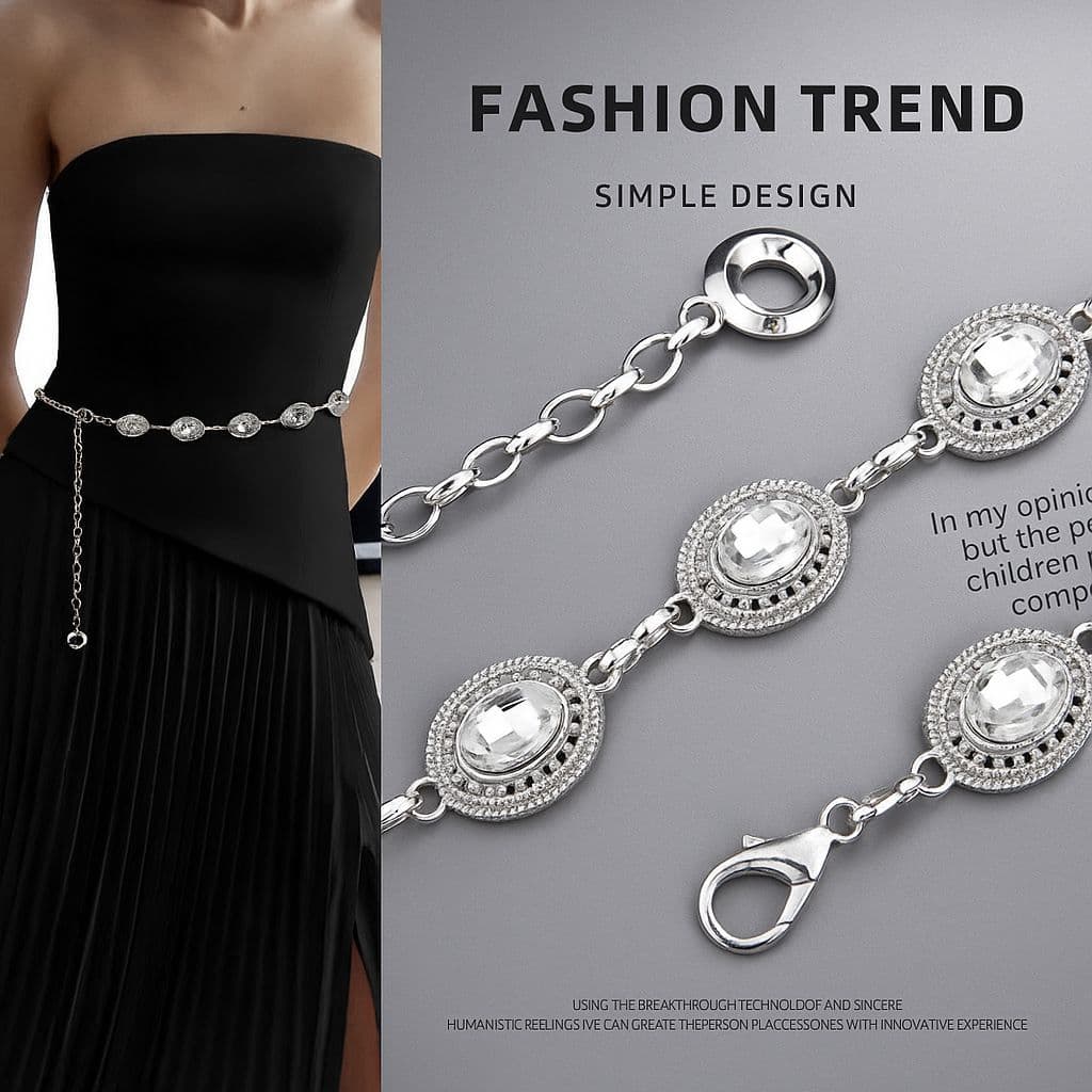 Cinto De Corrente Feminino Cristal Boho Vintage Elegante Com Strass Prata