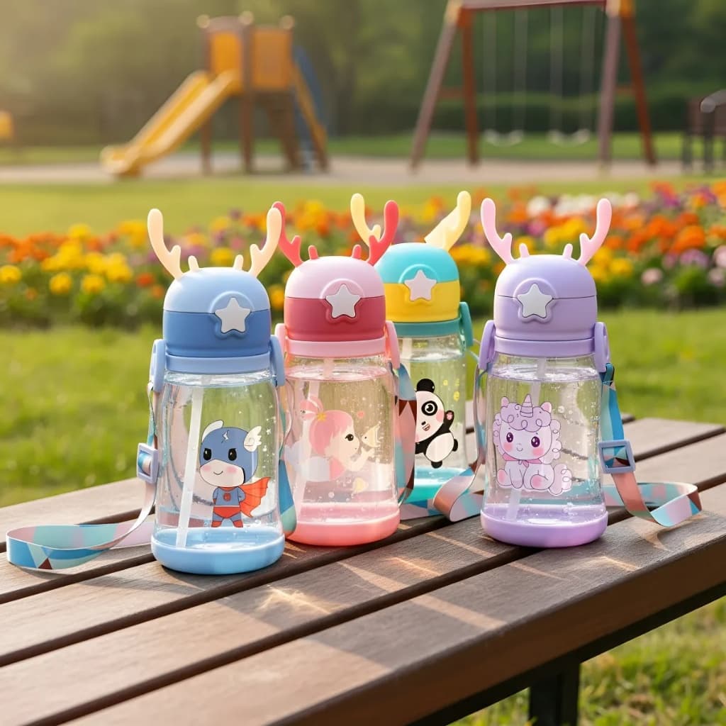 Garrafa Infantil 600ml – Tampa com Trava de Segurança, Canudo e Estampas Fofas de Personagens