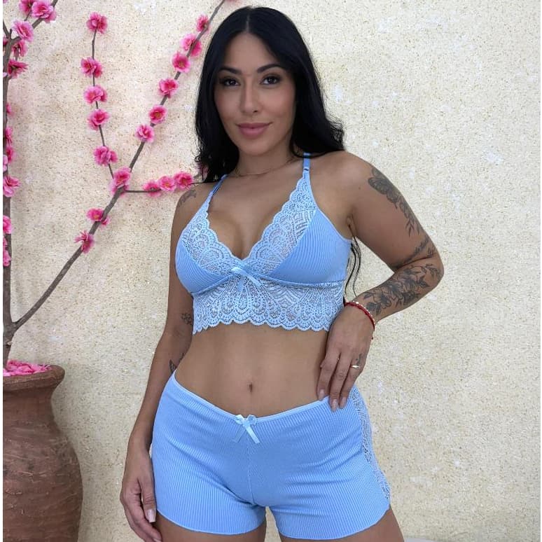 Short Doll PIjama Canelado Detalhes em Renda Moda Íntima Conforto Sensualidade Feminina