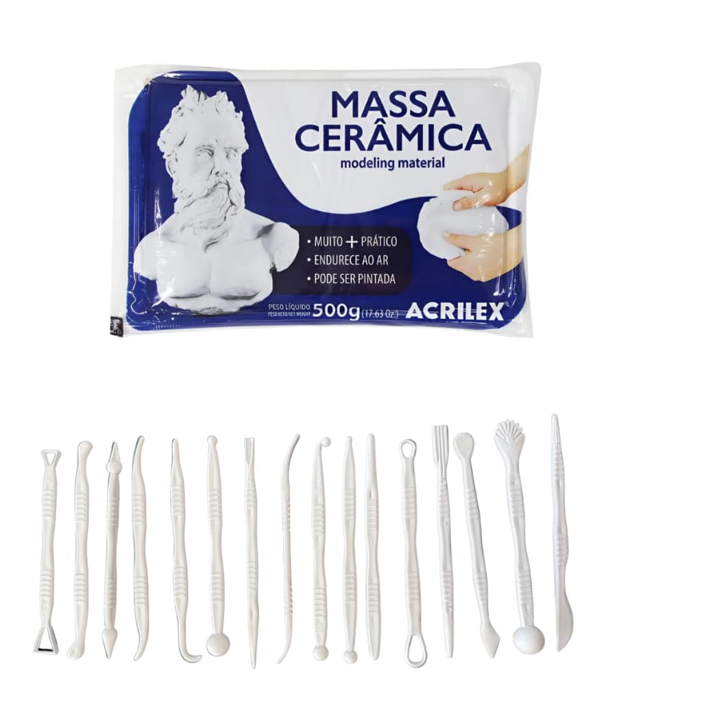 Massa Cerâmica Fria Acrilex 500 G  + 16 Estecas Kit Artesanato