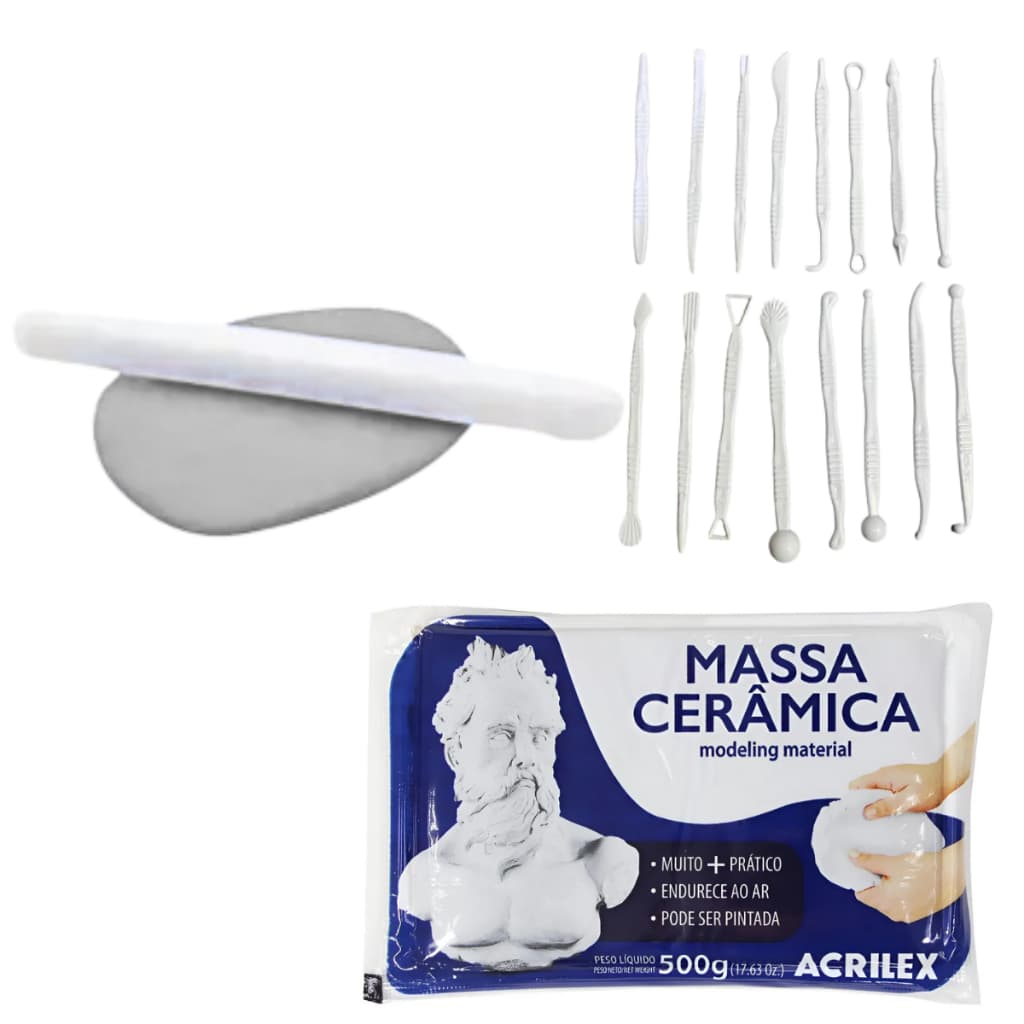 Massa Cerâmica Fria Acrilex 500 G  + 16 Estecas + Rolo Kit Artesanato