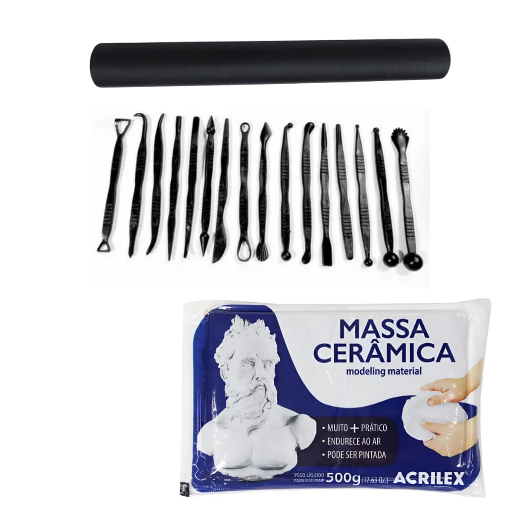 Massa Cerâmica Fria Acrilex 500 G  + 16 Estecas + Rolo Kit Artesanato