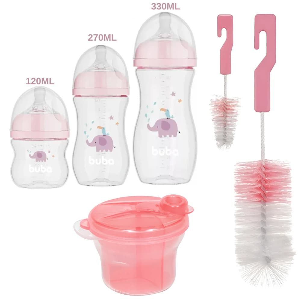 KIT POTE P/ LEITE, ESCOVA P/ MAMADEIRA E 3 MAMADEIRAS ELEFANTE ROSA- BUBA