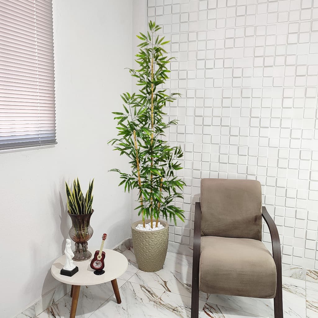 Planta Artificial Bambu 2 metros Folha de Silicone Vaso Pedra
