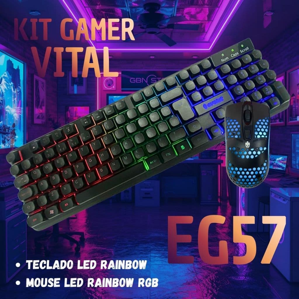 Kit Gamer Vital Eg57 Evolut Rainbow RGB Lançamento Teclado e Mouse - Preto