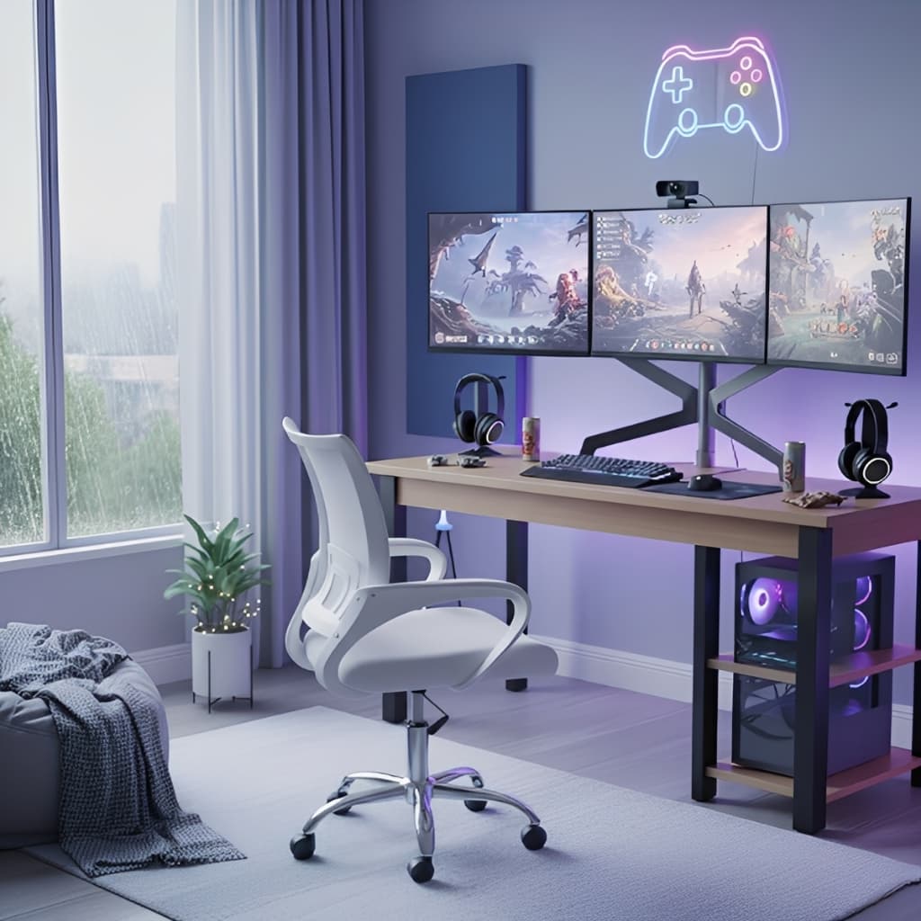 Mesa Office com Prateleiras 90CM + Cadeira Giratória Mesh para Home Office Sala Gamer
