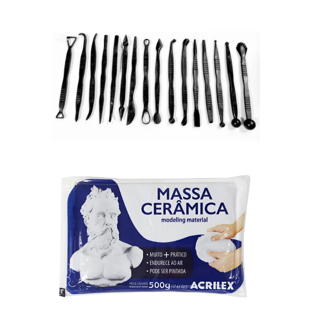 Massa Cerâmica Fria Acrilex 500 G  + 16 Estecas Kit Artesanato