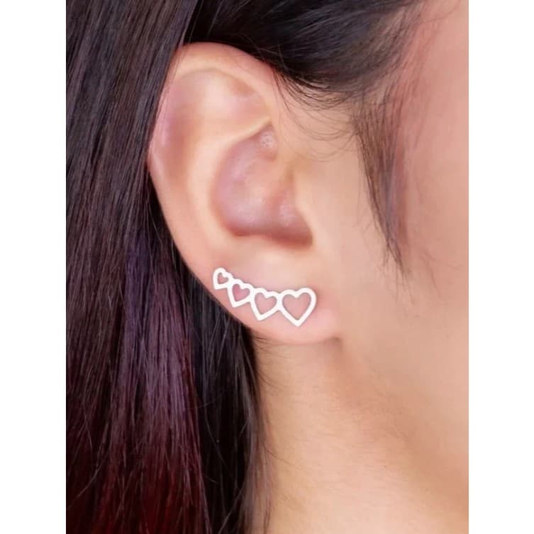 Brinco Aço Inox Ear Cuff Corações Vazados Inoxidável festa