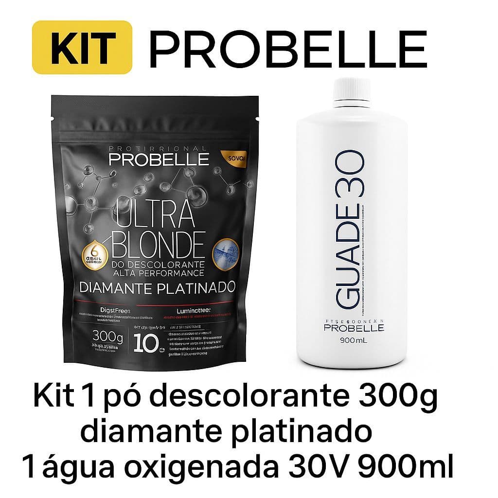 Kit Água Oxigenada 30V 900ML + Pó Descolorante Diamante Platinado 300g Probelle
