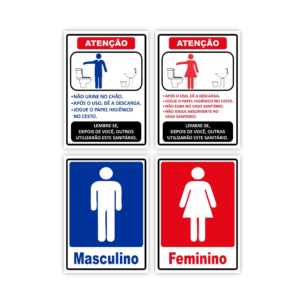 4 Placas De Sinalização Banheiro Feminino Masculino Regras