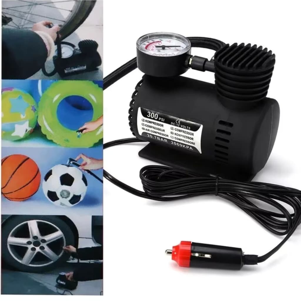 Mini Compressor De Ar Automotivo 12v e  300PSI  de Potência Para Encher Pneu de carro, Bike/Bicicleta e Bola