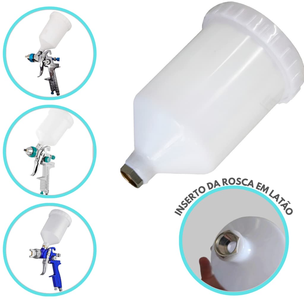 Caneco Copo Plástico Branco Pistola Pintura 600ml Rosca Fêmea Para Arprex/PDR/Avalon/Wimpel/Steula,