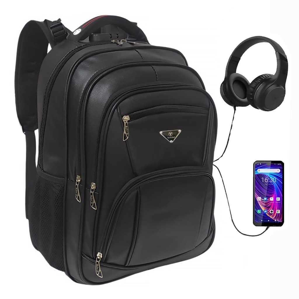 Mochila Couro Notebook Executiva Escola Impermeável Resistente Cadeado Costura Reforçada USB/Fone
