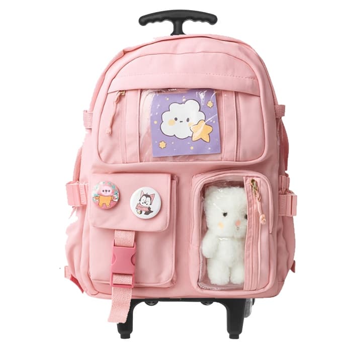 Mochila de rodinhas carrinho escolar infantil menina e menino com ursinho e broches varias cores