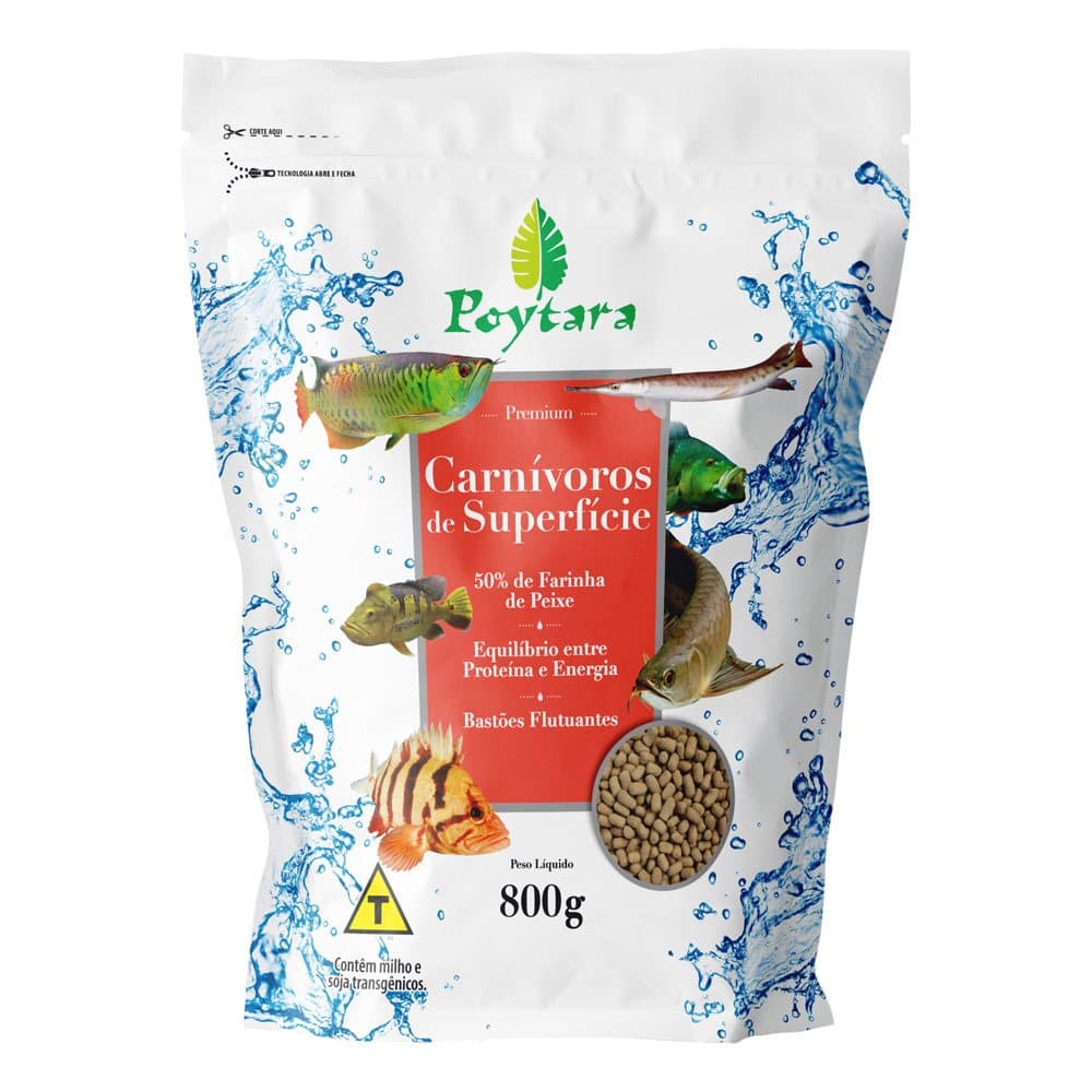 Ração Para Peixes Poytara Carnívoros De Superfície 800gr