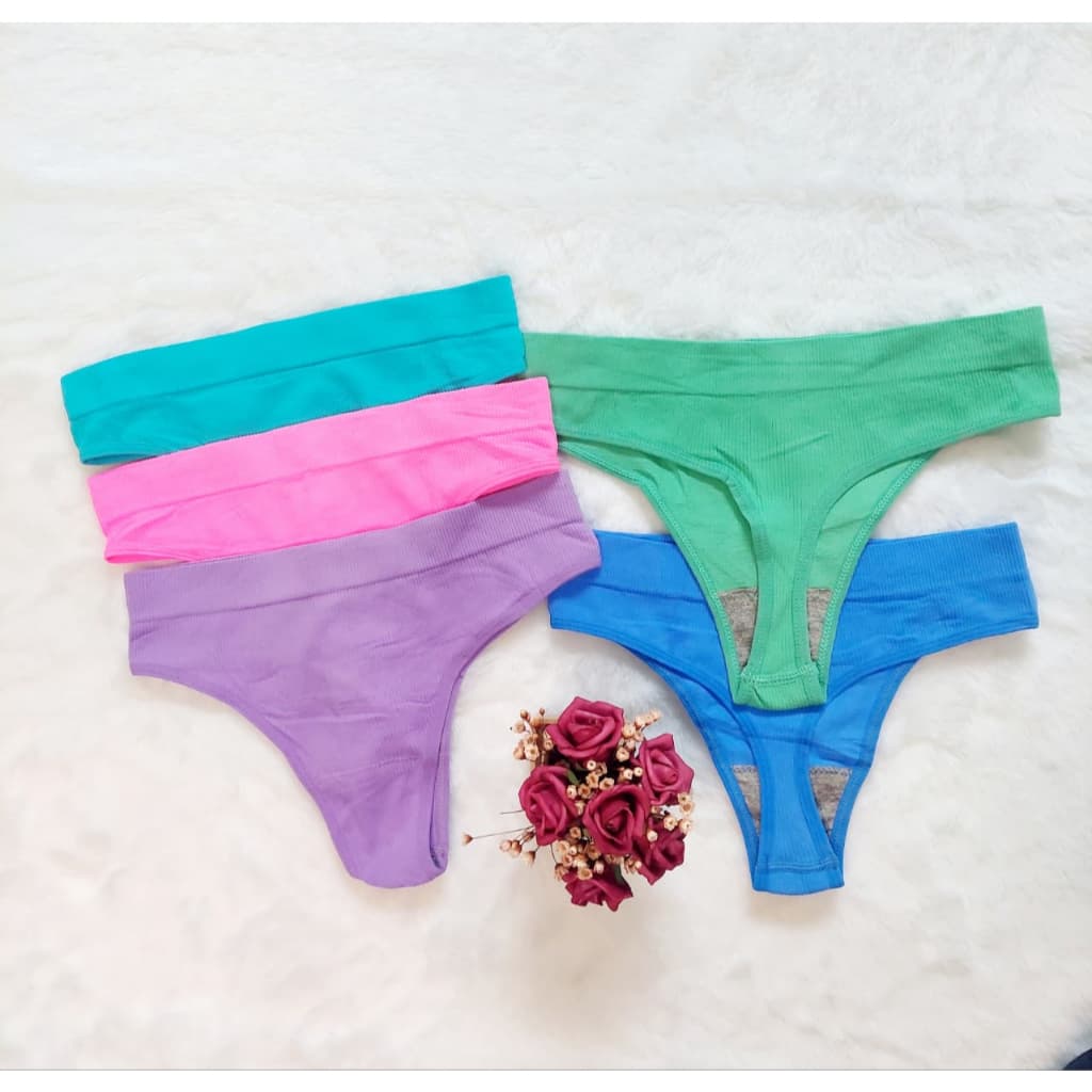Kit 6 Tanga Calcinha Feminina Canelada Fio Dental em Poliamida Conforto, Cores Variadas