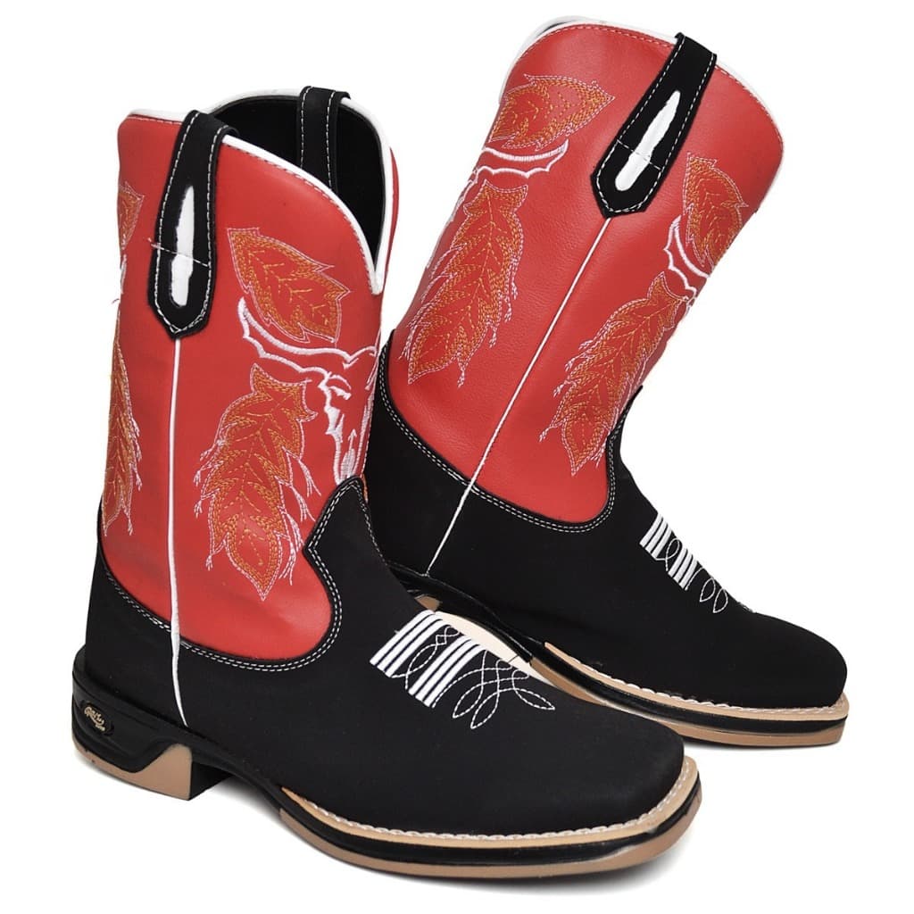 Bota Texana Unissex Couro Ecológico Boi Cano Vermelho Sola Jump Antiderrapante