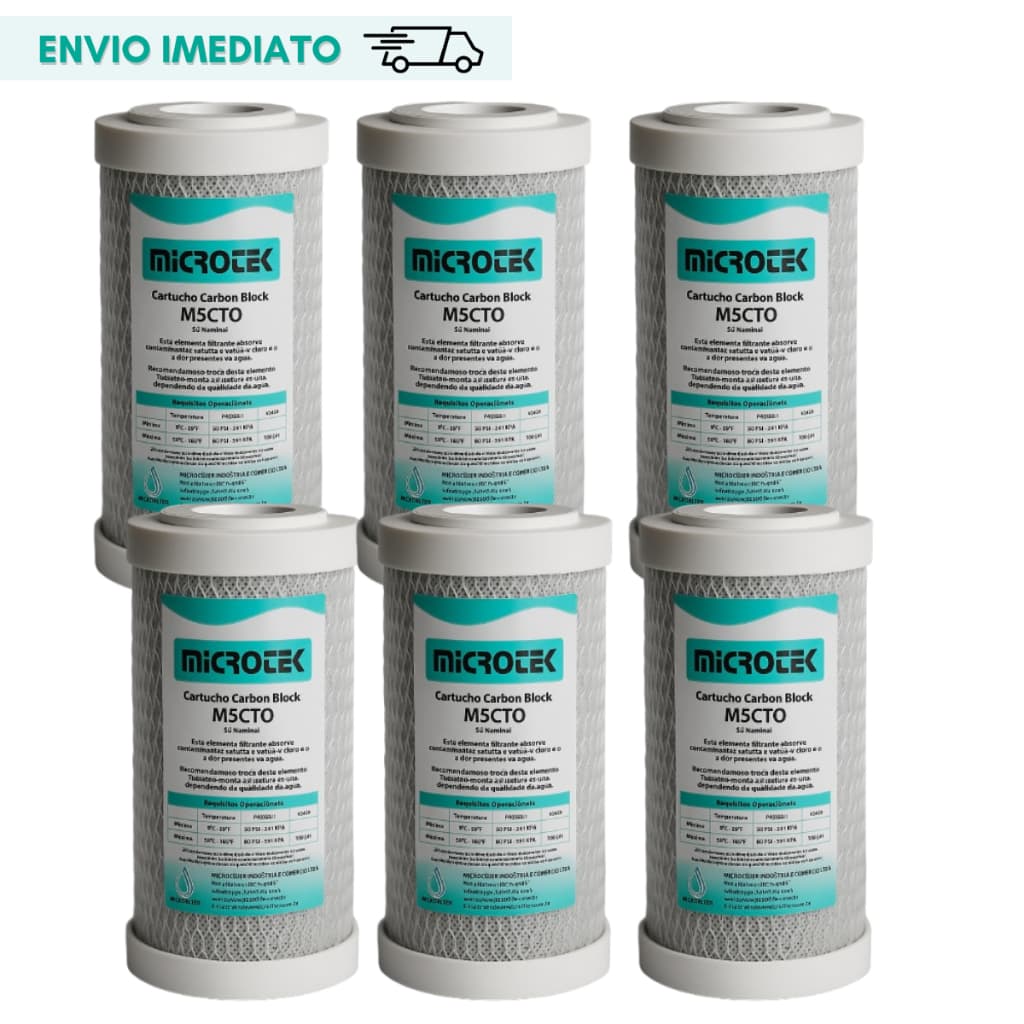 Kit 6 Filtro Refil Carbon Block Carvão Ativado 5" x 2 1/2" 5 Micra Remove Cloro Odor Purificador