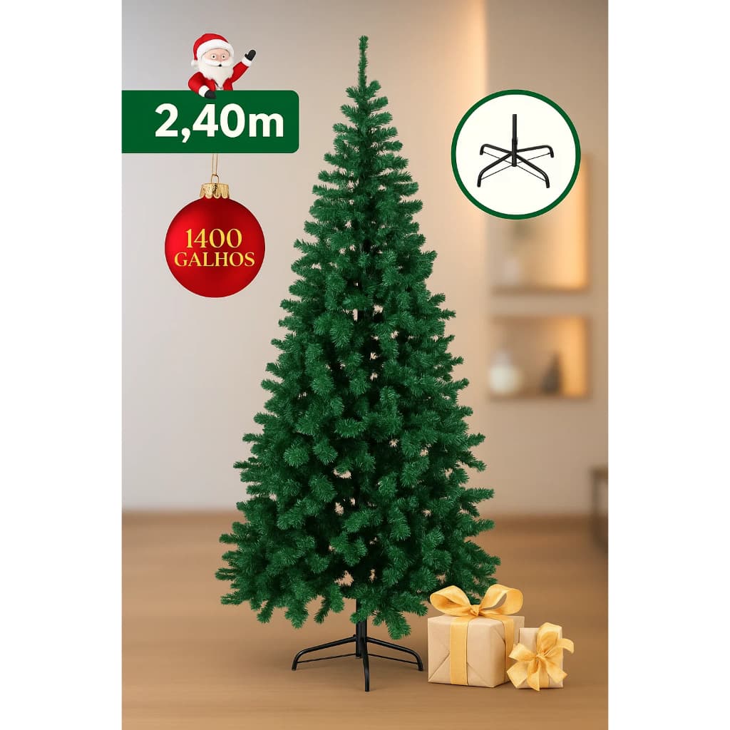 Árvore de Natal 2,40m Pinheiro Natalino  Verde 1400 Galhos Luxo Alta Densidade