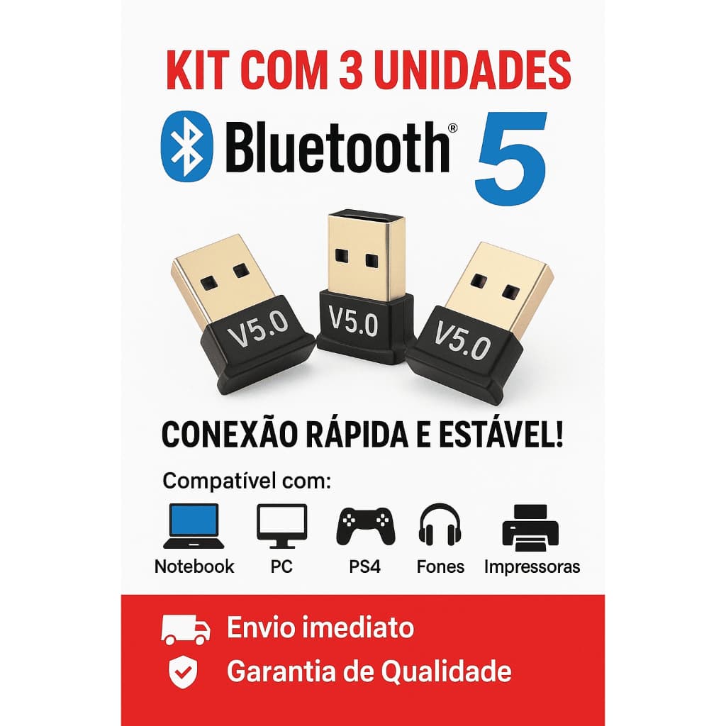 KIT COM 5 Adaptador E Receptor USB Bluetooth5.0 Plug Transmissor de audio para Notebook, impressora, controle videogames